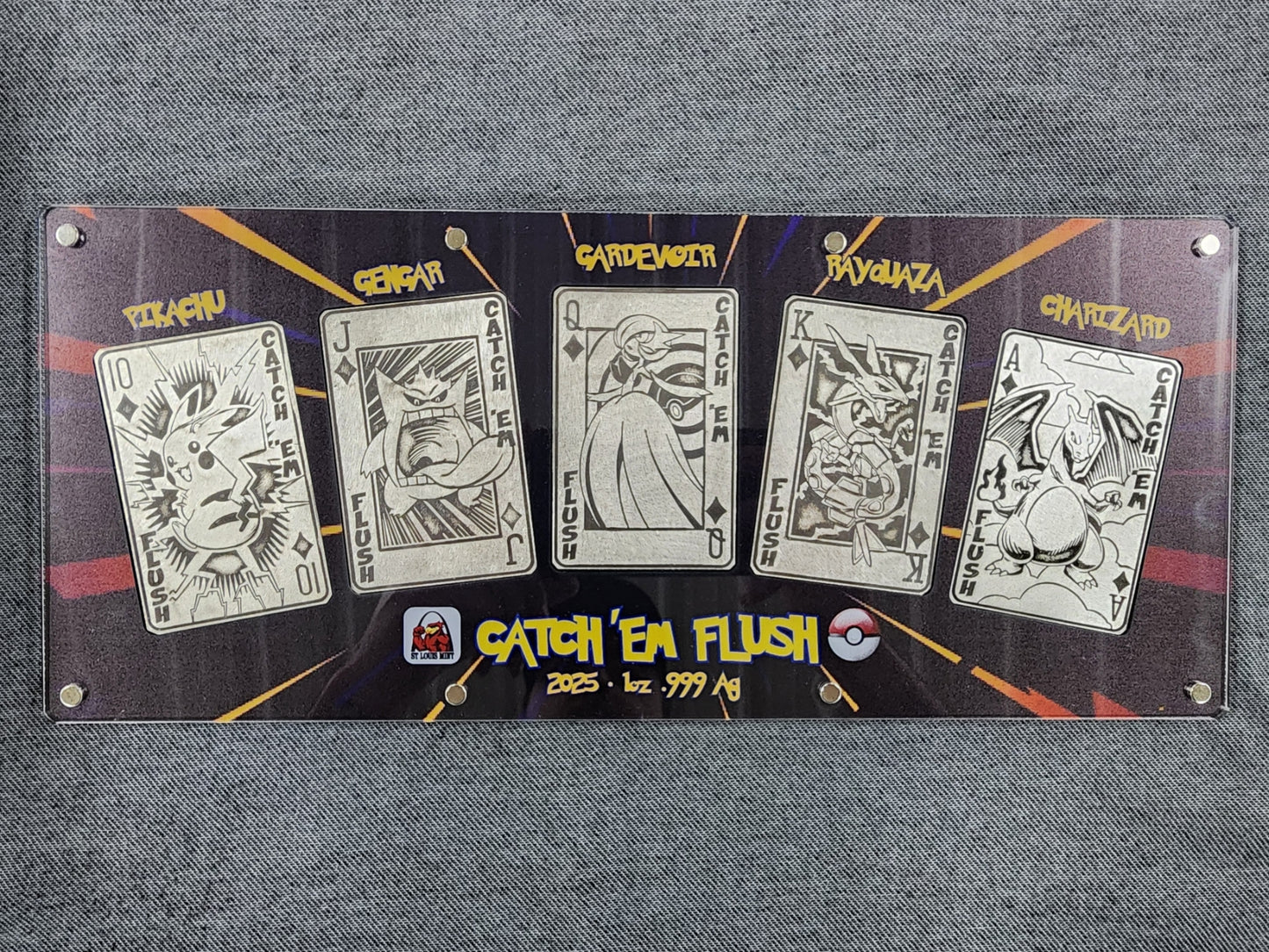 Framed Silver Pokemon Set - St. Louis Mint Catch 'Em Flush 5 x 1 oz Silver Bars